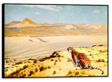 Hau3sh3a Tiger auf der Uhr Gelb by Jean Léon Gérôme Canvas Pictures Famous Painting Abstract Giclee Print on Canvas for living room bedroom70x50cm(28x20in) Black Framed