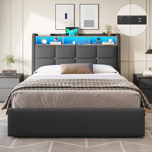 DICTAC Cadre de Lit 140 x 190 avec Sommier et Rangement,Lit Coffre140x190 avec Lumières LED et Prise,lit 2 Personnes 140x190 avec Tete de lits,Lits Rembourré en Lin pour Adulte,Gris Foncé-sans Matelas