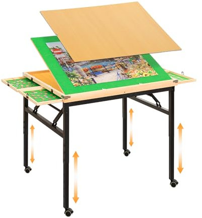 Jigsaw Puzzle Table for 1500 Piece with Drawers, Legs & Wheels Adjustable Height Puzzle Tables for Adults Folding & Tilting Puzzle Board for Mother's Day Birthday Gift