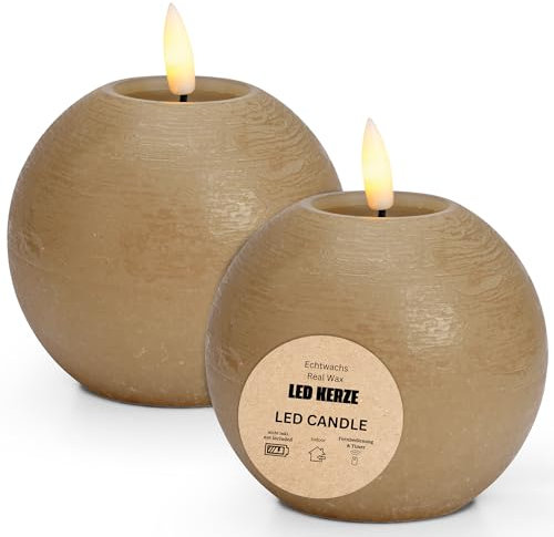 LED Kerzen Kugeln 2er Set aus Echtwachs mit Timerfunktion inkl. Fernbedienung - Kerzen realistisch flackernde Flamme warmweiß Ø 10 x 9 cm - Elektrische Wachskerzen in beige als gemütliche Tischdeko