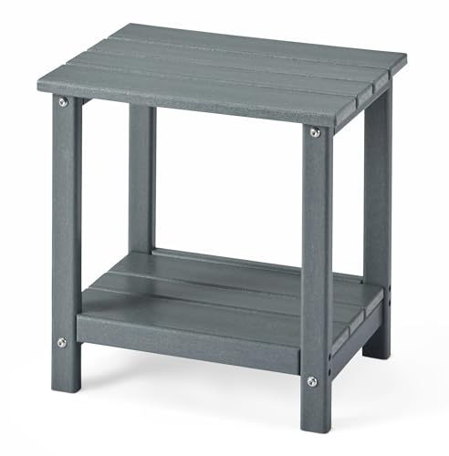Amazon Basics Outdoor-Beistelltisch aus HDPE, Wetterfester Gartentisch mit Unterer Ablage, 60% Recyceltes Material, 42 cm x 32 cm x 42 cm, Holzoptik Grau