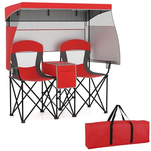 COSTWAY Sillas Plegables Camping Doble con Toldo Ajustable, Bolsa Nevera, Portavasos, Bolsa de Transporte Portátil, Sillas Playa para 2 Personas, Picnic Jardin Piscina (Rojo)