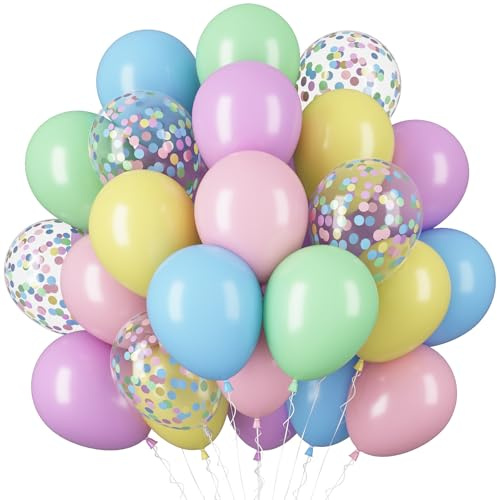 EWODEIEW 60 Stück Luftballons Pastell, 12 Zoll Helium Ballon für Jubiläums deko Party, Maca-Gelb, Maca-Blau, Maca-Grün, Maca-Rosa, Maca-Lila, Konfetti Ballons für Hochzeit, Brautparty