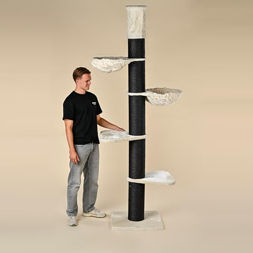RHRQuality Krabpaal voor grote katten - Maine Coon Tower – 245 tot 265 cm Hoog – Met Extra Dikke 20 cm Sisalpalen – Blackline Crème