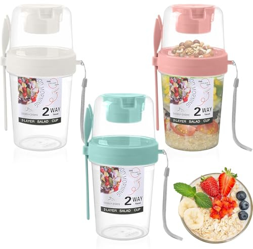 3Pcs Tazas Avena Nocturna con Tapa y Cuchara, Vasos Cereales La Noche Portátiles 2 Capas, Recipiente Leche Vaso Yogur Contenedor Ensalada Frutas para Fitness​ Desayuno Viajes Almacenamiento Alimentos