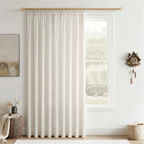 CUTEWIND Vorhang Kräuselband Leinen Elfenbeinweiß Schlicht Vorhang Schlafzimmer Vorhang Lichtdurchlässig 245 cm Hoch 200 cm Breit, Vorhang Halbtransparente Stores für Fenster Schals 1er Set