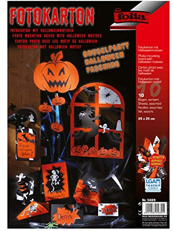 folia 5689 - Fotokarton Halloween, 10 Bogen, 300 g/m², 25 x 35 cm, zweiseitig bedruckt, Motive sortiert, ideal für gruselige Bastelarbeiten