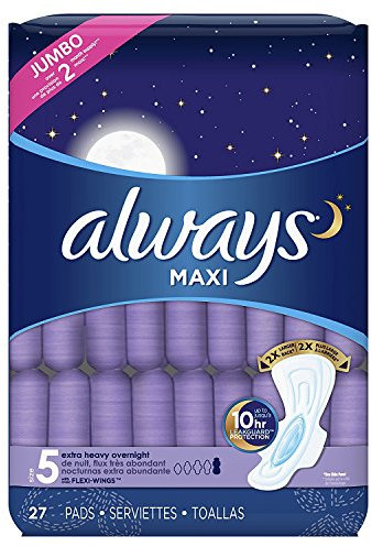 Always Maxi, Größe 5, extra schwere Overnight-Einlagen mit Flügeln, geruchlos, 27 Stück, Verpackung kann variieren
