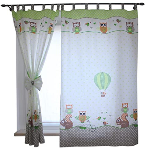 TupTam Kinderzimmer Vorhänge Baby Gardinen mit Schleifen 2er Set, Farbe: Eulen 2 Grün, Größe: ca. 155x95 cm