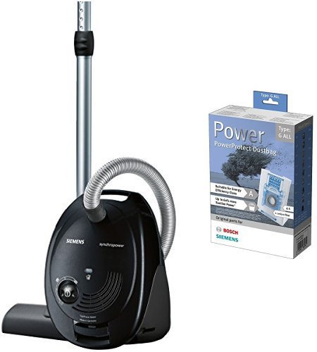 Siemens Bodenstaubsauger synchropower EEK B (mit Beutel, highPower-Motor, PowerProtect System, Hartbodendüse), 700 W, schwarz + Staubsaugerbeutel PowerProtect (Type G All, außer VS01)