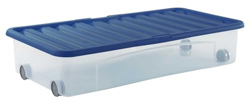 Sundis Ventili, Aufbewahrungsbox Rädern unter dem Bett, 35L | Blau Deckel, transparentem Kunststoff, stapelbar, ideal für die Aufbewahrung von Wäsche, Kleidung und Schuhen