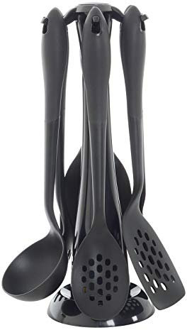 XSS 6-Piece Black Kitchen Utensils Set - Plastic Free, Nylon, Triangular, Rectangular, Serving, Dishwasher Safe