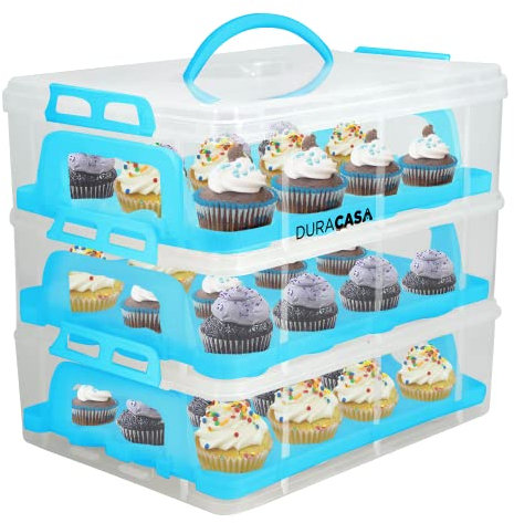 DuraCasa Cupcake Carrier, Cupcake Holder | Premium Upgraded Model Holds Cupcakes Steadier | Store up to 36 Cupcakes or Muffins | Stacking Cupcake Storage Container | Use 1,2, or 3 Tiers (Blue)