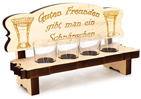 sagl.tirol Holz Schnapsbank mit Gravur und Schnapsgläser [100% Natur] Lustige Geschenkidee I Geschenke für Männer I Geburtstagsgeschenk für Männer (4er Schnapsbank Guten Freunden)