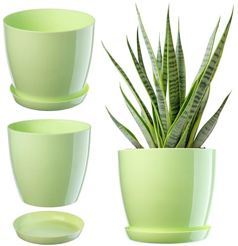 KADAX Élégant pot à fleurs/plantes avec soucoupe Forme ronde et élégante En plastique léger Pour l’intérieur et la maison Cache-pot pour fleurs, plantes Ø 18 cm vert clair