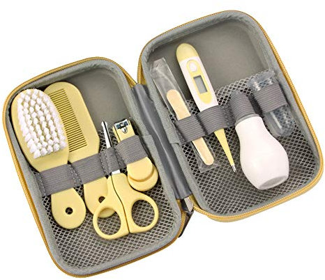 Baby-Pflegeset, 8-in-1-Bürste, Nagelknipser, Nasenreiniger, Finger-Zahnbürste, Nagelschere, Maniküre-Set für Babypflege, gesund und sauber (blau, rosa, gelb)