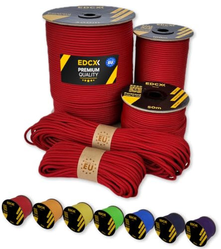 EdcX Paracord 4 mm, 35+ Volltonfarben (10 m, 15 m, 30 m, 50 m, 100 m, 300 m) | Ideal zum Basteln, Camping, Outdoor | 100% Nylonseil 4 mm| Taktische Schnur 550 Typ III (Red, 15 m)