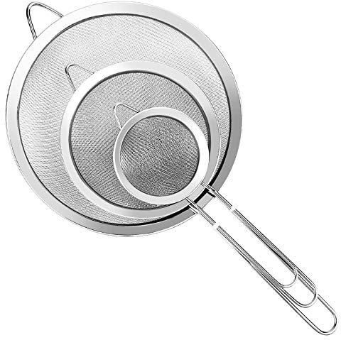 Lot de 3 passoires en maille extra fine avec poignée, petites, moyennes et grandes tailles, tamis en acier inoxydable pour cuisine, riz, jus, quinoa, nourriture, farine YLYL