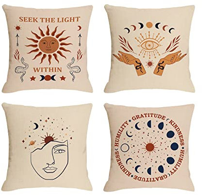 Jartinle Boho-Kissenbezüge, Sonne, Mond, 45.7 x 45.7 cm, 4 Stück, Hexen-Geschenke, Hippie, dekorativ, Bohemian-Kissen, himmlisch, spirituelle Kissenbezüge für Couch, ästhetische Raumdekoration