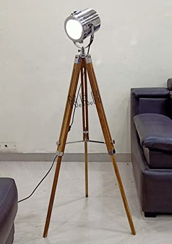 Nautical Replica Hub Industrial Tripod Floor Lamp with Teak Wooden Tripod Stand for Living Room Bedroom Decor Spotlight