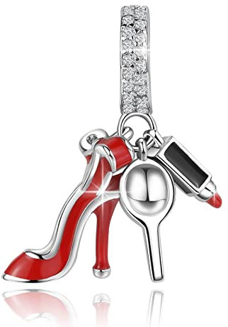 BIZK Damen Spiegel & Lippenstift Charm Anhänger für Armband 925 Sterling Silber Charm Bead Pendant für Europäische Armbänder und Halsketten