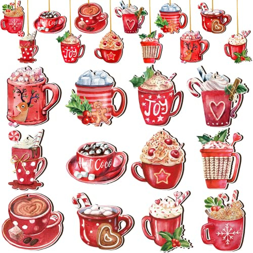 36 Pcs Christmas Wood Ornaments Hot Cocoa Ornaments Christmas Hanging Red Cafe Coffee Cup Wood Cutouts Xmas Decoration for Tree Home Coffee Bar