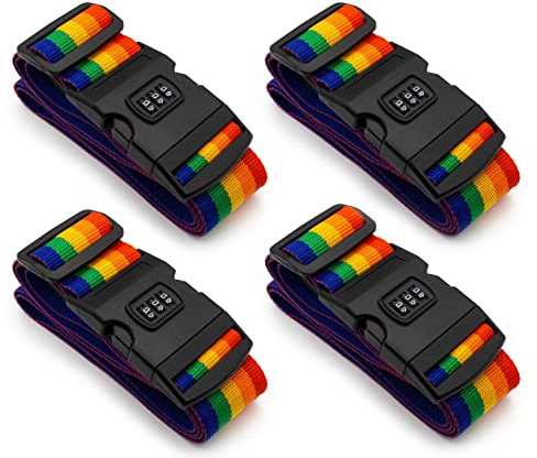 MyGadget 4X Stück Koffergurte Set mit Zahlenschloss - 100 cm bis 180 cm einstellbar - stabiles & auffälliges Kofferband - ideal über Kreuz nutzbar - in Regenbogen