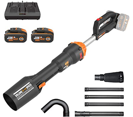 WORX NITRO 40V Akku Laubbläser WG585E.2, bürstenlos, leicht und kompakt | DREI Geschwindigkeiten und Turbomodus, 266km/h Luftgeschwindigkeit,1053m³/h Luftvolumen,incl.2x4Ah Akku&dual Schnellladegerät