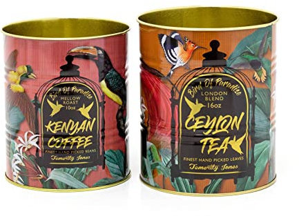 Set of 2 Decorative Replica Tea And Coffee Tin Cans | 2 Piece Birds Of Paradise Retro Metal Storage Tin Set | Tropical Vintage Style Metal Food Display Cans