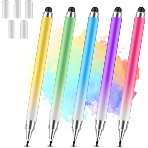Penna Touch Screen Universale, 2 in 1 Stylus Pen Compatibile con iPad, iPhone, Tablet Android, Microsoft Surface, Laptop, Chromebook [Set da 5] - Blu, Verde, Rosa, Viola, Giallo