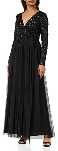 Maya Deluxe Damen Womens Ladies Dress Sleeve for Wedding Guest V Neck High Empire Waist Maxi Long Length Evening Bridesmaid Prom Kleid, Black, AZBR1803-VST, 52