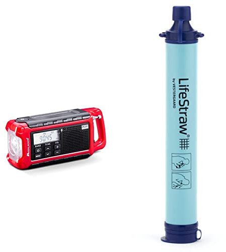 Midland ER200 - Multifunctional Portable Wind Up Radio, Emergency Power Bank 2200mAh and LED Torch, Solar & LifeStraw Personal Water Filter, Blue, 1pc