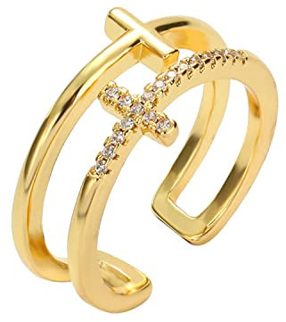 Generisch Gilieyer Doppel Kreuz Ringe, Christlicher Ring Offener Verstellbar Inspirierende Ringe Jesus Bibel Kreuz Schmuck für Frauen Herren (Double Cross Gold)