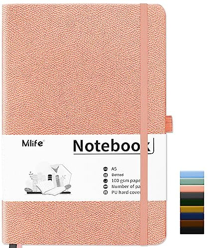 Mlife Notebook A5,Dotted Journal Buch mit 200 Seiten, Premium 100gsm Tintenfestes Papie Dickes,PU Hard Cover Notizbuch,Innentasche,Elastisch Gebändert,bullet journal&Dotted Notizblock A5(Rosa)