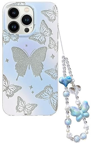 Efitoo Designed for iPhone 13 Pro 6.1 inch Case Glitter Cute Clear with Design Butterfly with Strap Wrist Bling Sparkle Purple Blue Aesthetic Protective Glossy Phone Cover Case Women Girls