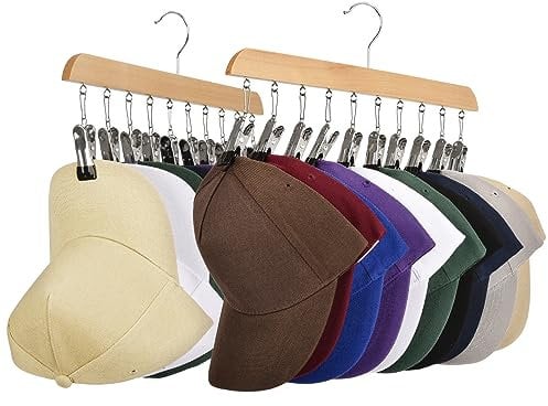 S SANGLE SOPFFY Hat Racks for Baseball Caps 2PCS Wooden Hanger with 10 Rubber-Coated Stainless Steel Clip, Organizer Storage Organizer, Fit All Caps, Clothing Accessories, Log Colour.