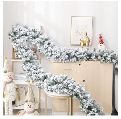 MaxtiL weihnachtsgirlande 2,7 m Weihnachts-Kieferngirlande mit Schneebeflockung, fallendes Zedernholz-Rattan, künstliches Grün