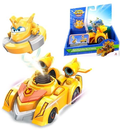 Super Wings Spinning Golden Boy & Vehicle, ca. 14 cm großes Super-Fahrzeug mit 2 Modi, inkl. Mini-Golden Boy als Kreisel zum abschießen, für Kinder ab 3 Jahren
