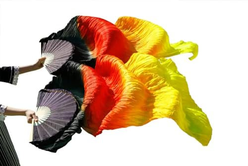 Female Chinese Silk Veils Dance Fans Pair Of Belly Dancing Fans Cheap Black+Red+Orange+Yellow A 230x90cm Real Silk