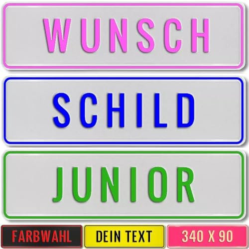 Kennzeichen Junior Schild 34cm x 9cm mit Wunschtext Wunschprägung Namenskennzeichen Namensschild 340x90mm Bobbycar Gokart Tretauto Kettcar Fun Schild (weiß)