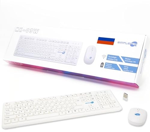 Simpletek - Kabellose Maus & Tastatur 2,4 G Russisches RU Layout | Russische Tastatur QWERTY mit Ziffernblock Ergonomische Maus 3 Tasten USB-Empfänger