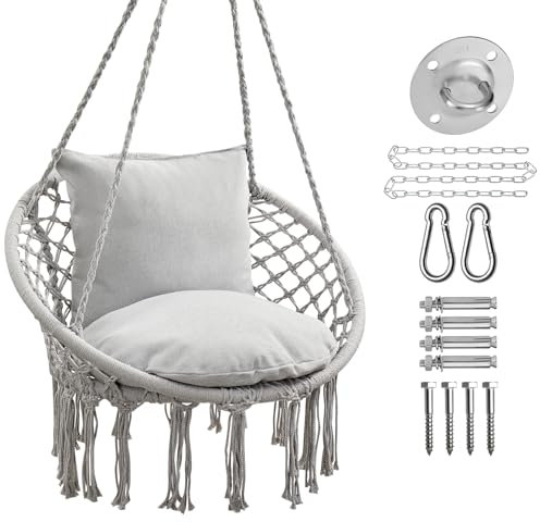 JoyView Makramee-Stuhl, Hängeschaukelstuhl, max. 150 kg, Hängemattenstuhl mit 2 Kissen und Hardware-Kits, Baumwollseil, Stuhl für drinnen und draußen, Schlafzimmer, Terrasse, Garten, Hellgrau