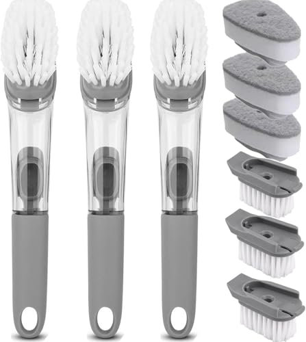 Befüllbare Spülbürste, 3 Stück Spülbürste Mit Spülmittelspender Küchenbürste Für Topf, Pfanne, Spüle Reinigung Multifunktionale Geschirrbürste mit 6 Ersat Köpfe Spülbürsten mit Stiel