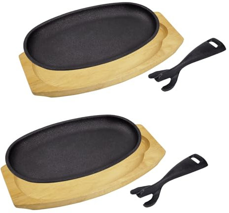 DVK 2 Set Cast Iron Skillet Sizzling Plate With Wooden Base Fajita Skillet With Removable Handle For Home Barbeque Kitchen Service