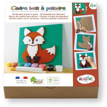 Aladine 3085485 Holzmalerei-Set, Fuchs, 3D-Holzbild zum Bemalen, DIY Wanddeko, Malset, Bastelset für Kinder ab 4 Jahren