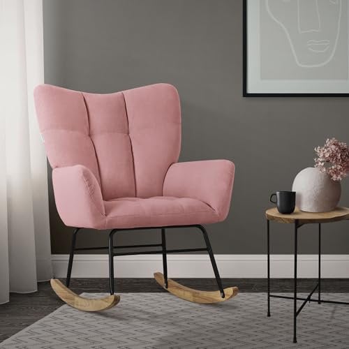 ML-Design Fauteuil à Bascule Rose, avec Housse en Tissu Éponge, Structure en Acier, Pieds en Bois Naturel, Chaise de Relax, Fauteuil de Relaxation Oscillant Rembourré, pour Salon Chambre à Coucher