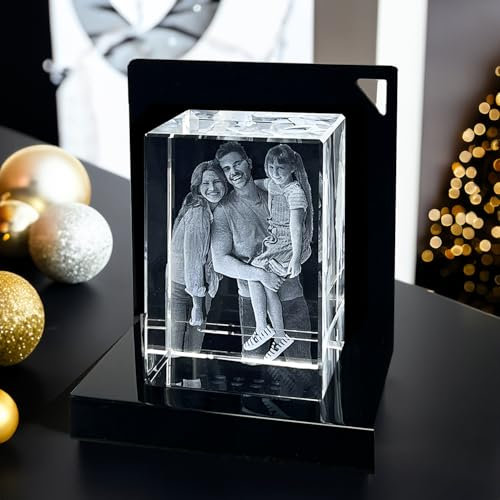contento 3D Glasblock mit Premium Leuchtsockel | Dein Foto in Glas gelasert | Glasfoto bis 4 Personen/Tiere | Personalisiertes Geschenk für besonderen Anlass | Größe L hoch