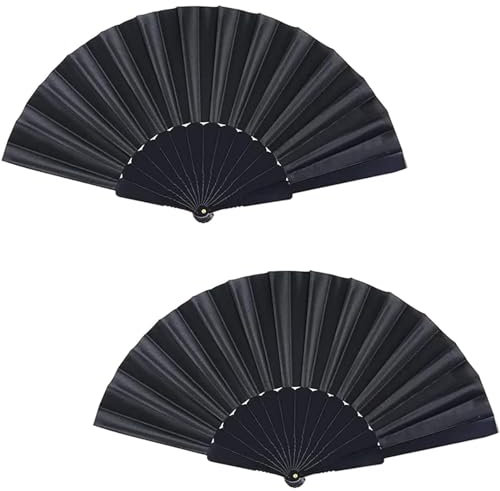 EGEKTBH 2 Pcs Black Folding Hand Fan for Women Men, Chinese Fan Handheld Fan Silk Fabric Fan for Wedding Party Decoration Gifts
