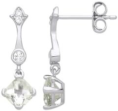 Jewelco London Ladies Rhodium Plated Sterling Silver Green Cushion CZ Fleur De Lys Teaspoon Chandelier Drop Earrings