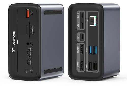 TobenONE USB C Docking Station Dual 4K Monitor for MacBook Pro/Air M3/M4, 13-in-2 Mac Docking Station Stand with 2 HDMI, VGA, 5 USB, 100W PD, Ethernet, SD/Micro SD, Audio (No Power Adapter Included)